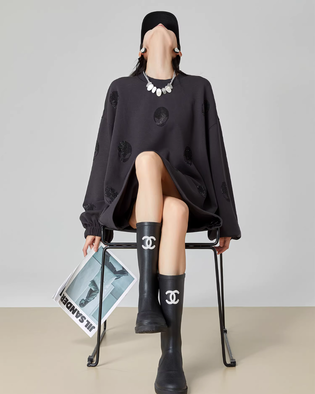 Black Rhinestone Sweatshirt Dress FER0068