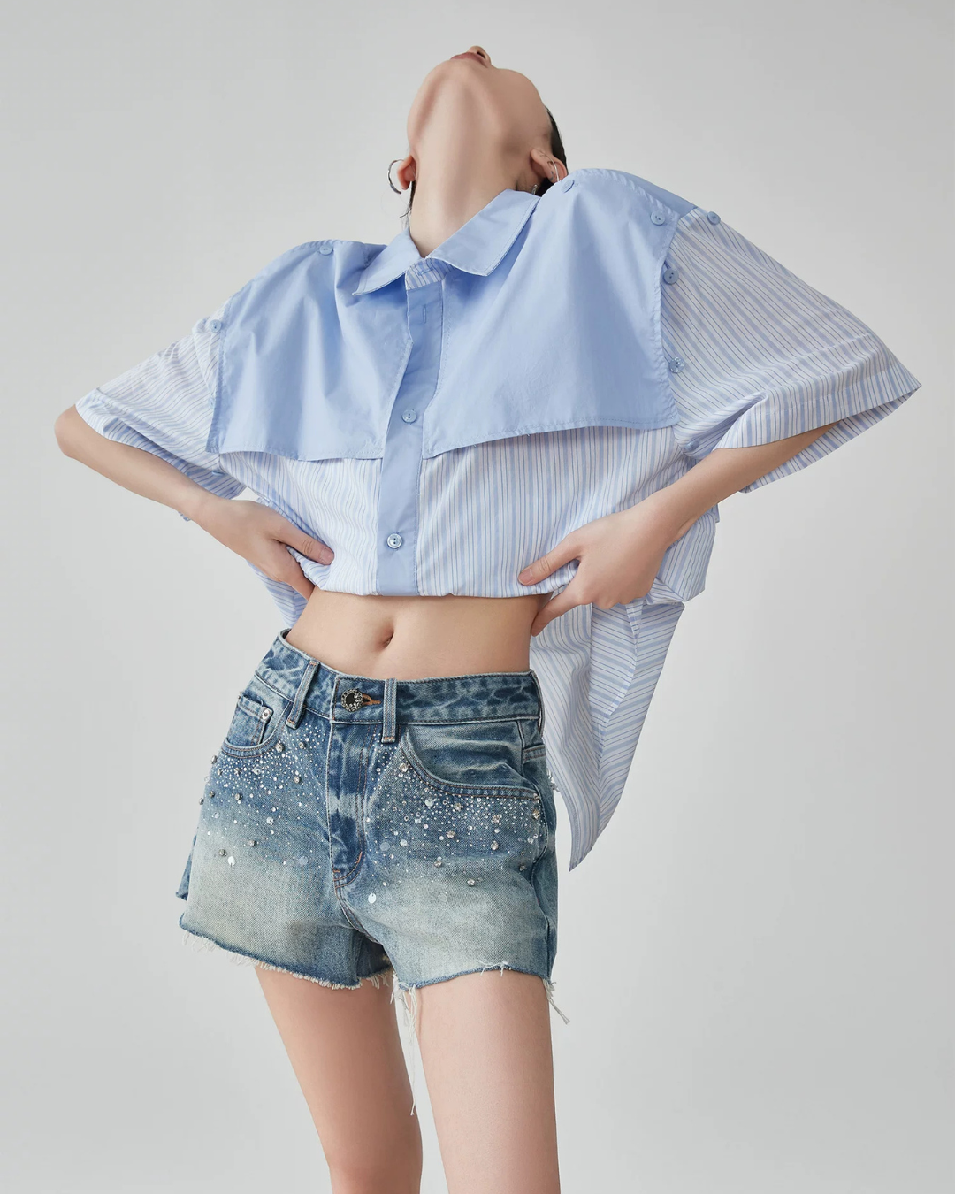 Blue Striped Patchwork Short-Sleeve Shirt FER0183
