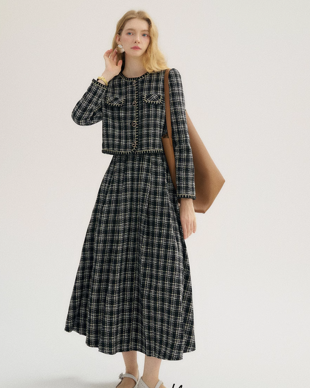 Plaid Tweed Jacket & Tweed Long Skirt SNT0010