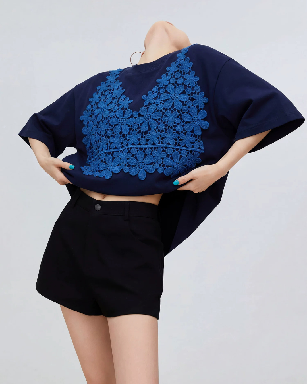 Flower Lace Docking Short-Sleeve T-Shirt FER0325
