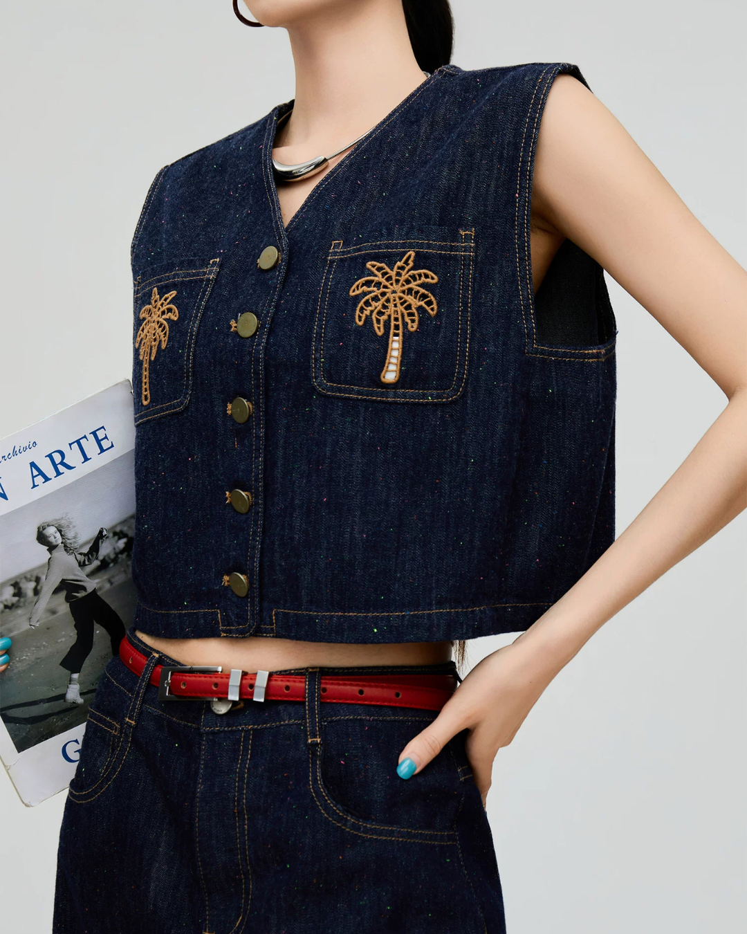 Palm Tree Embroidered Denim Vest / Wide Pants FER0303