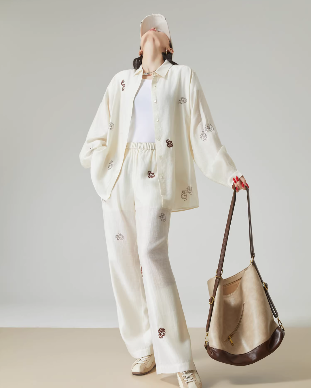 Rose Embroidered Long-Sleeve Shirt / Wide Pants FER0101