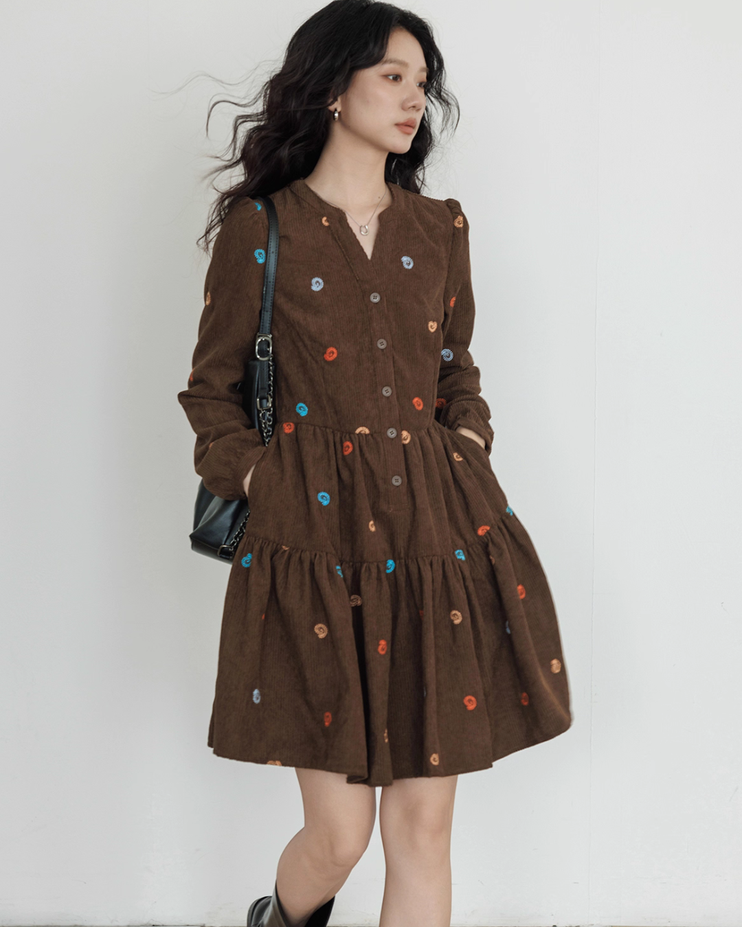V-Neck Embroidered Shirt Dress VAS0169