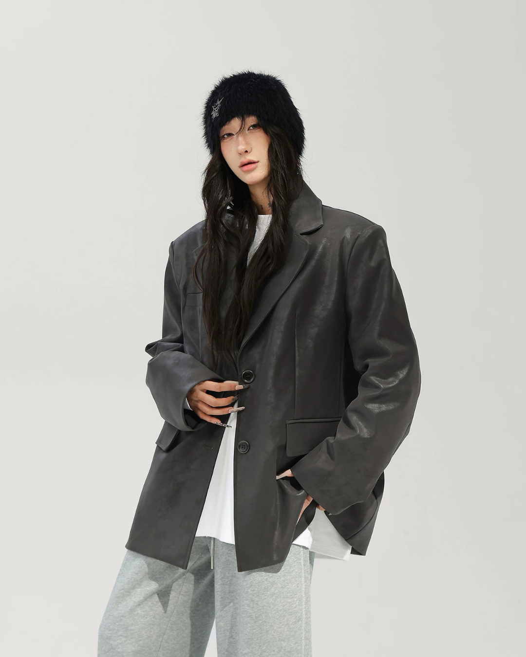 Oversized Fake Leather Blazer ACS0375