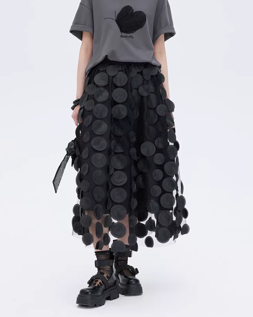 Patch Embroidered Flared Mesh Skirt SHN0003