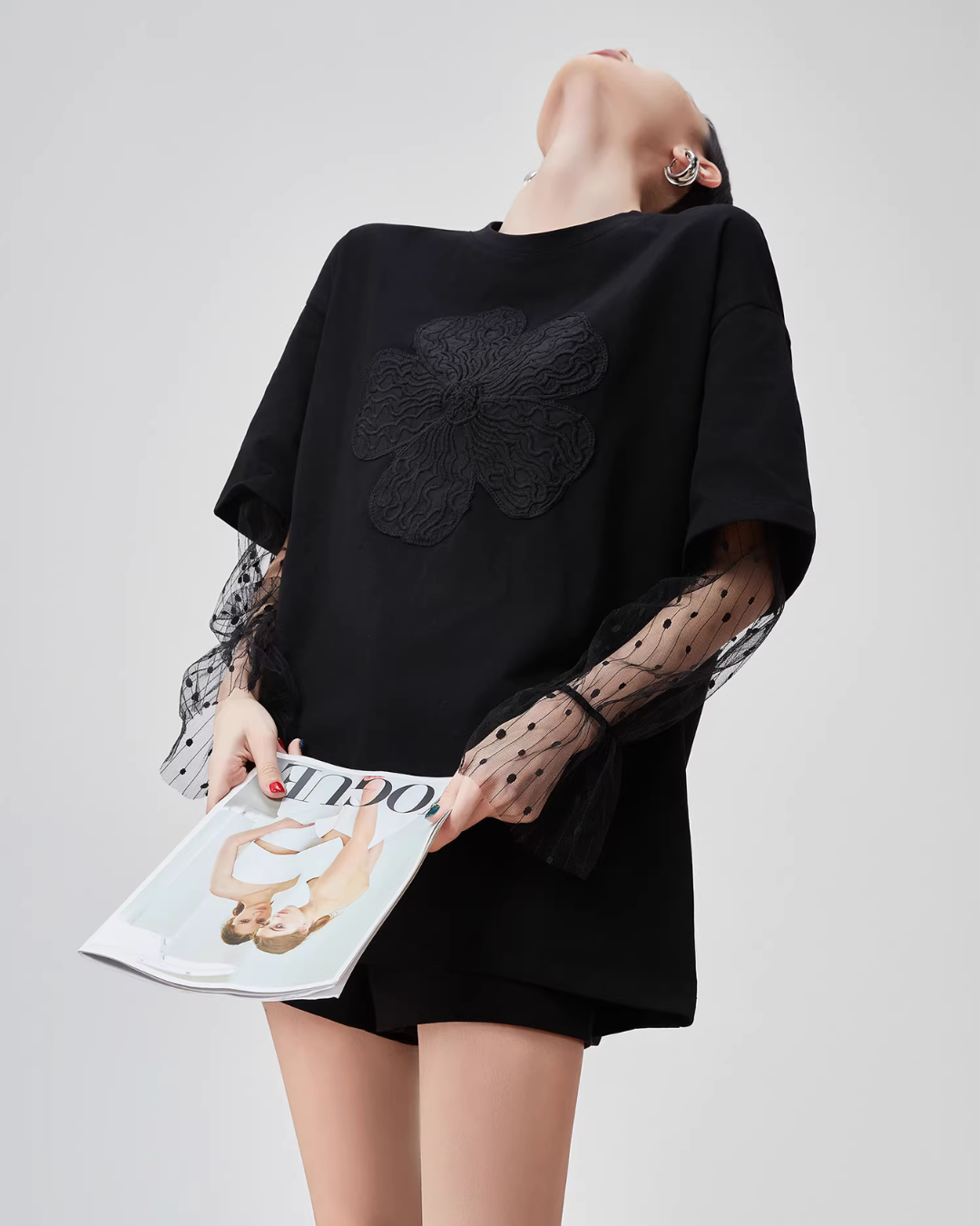 Lace Sleeve Round Neck T-Shirt FER0082