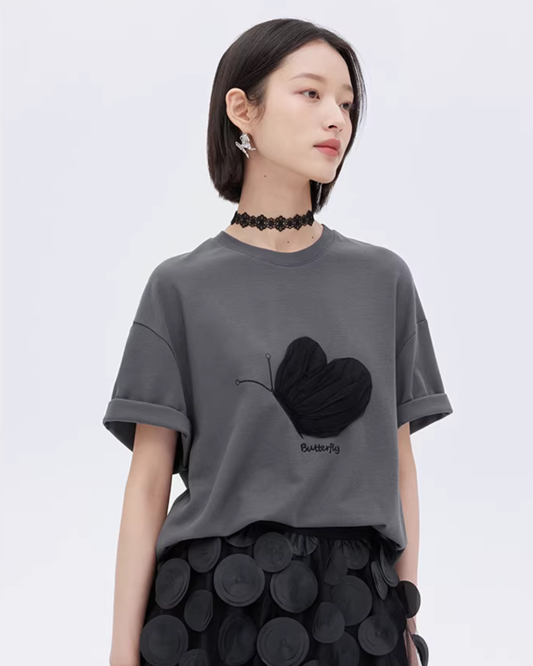 Butterfly Embroidery Short Sleeve T-Shirt SHN0012