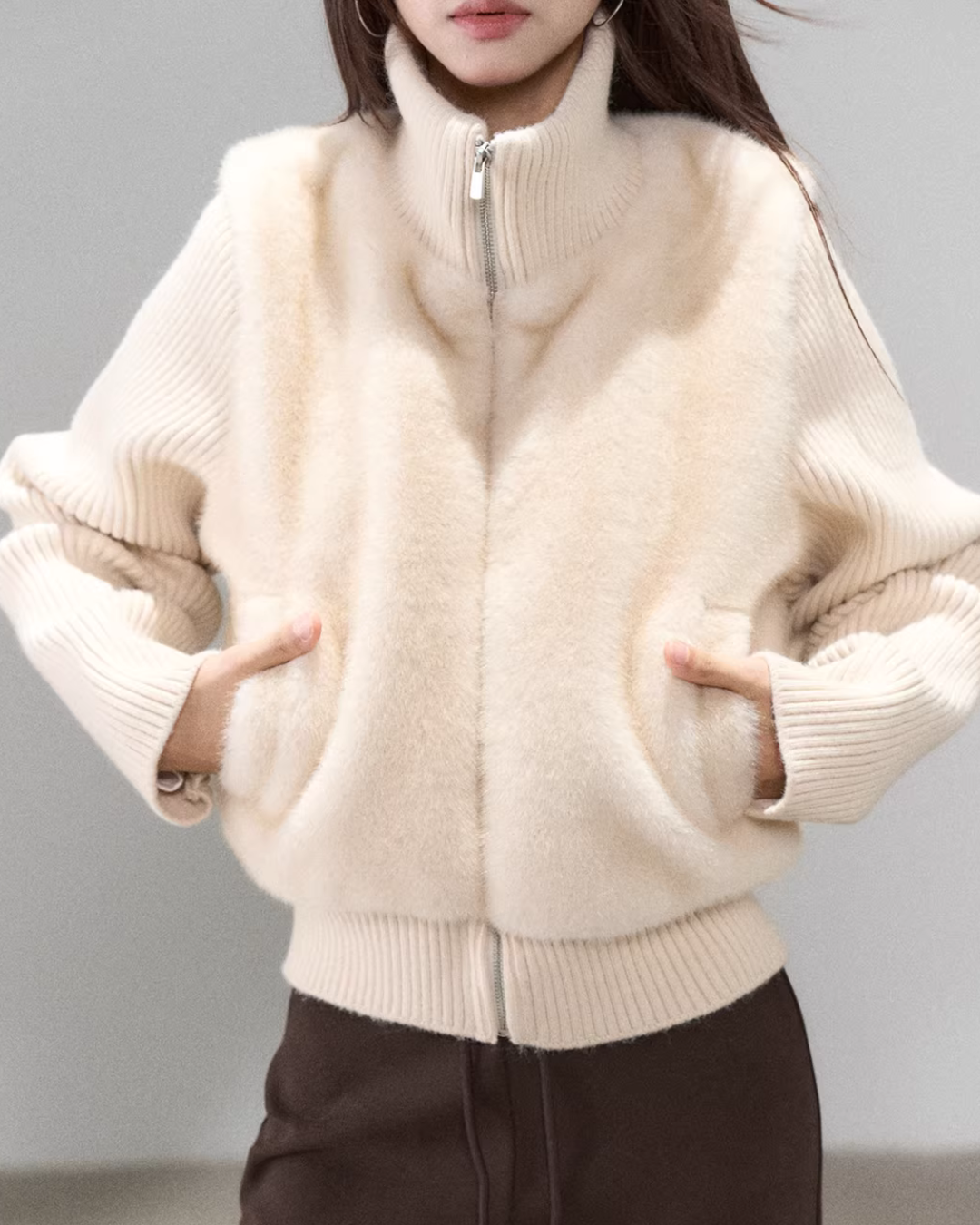 Stand Collar Fur Knit Jacket WDB0005