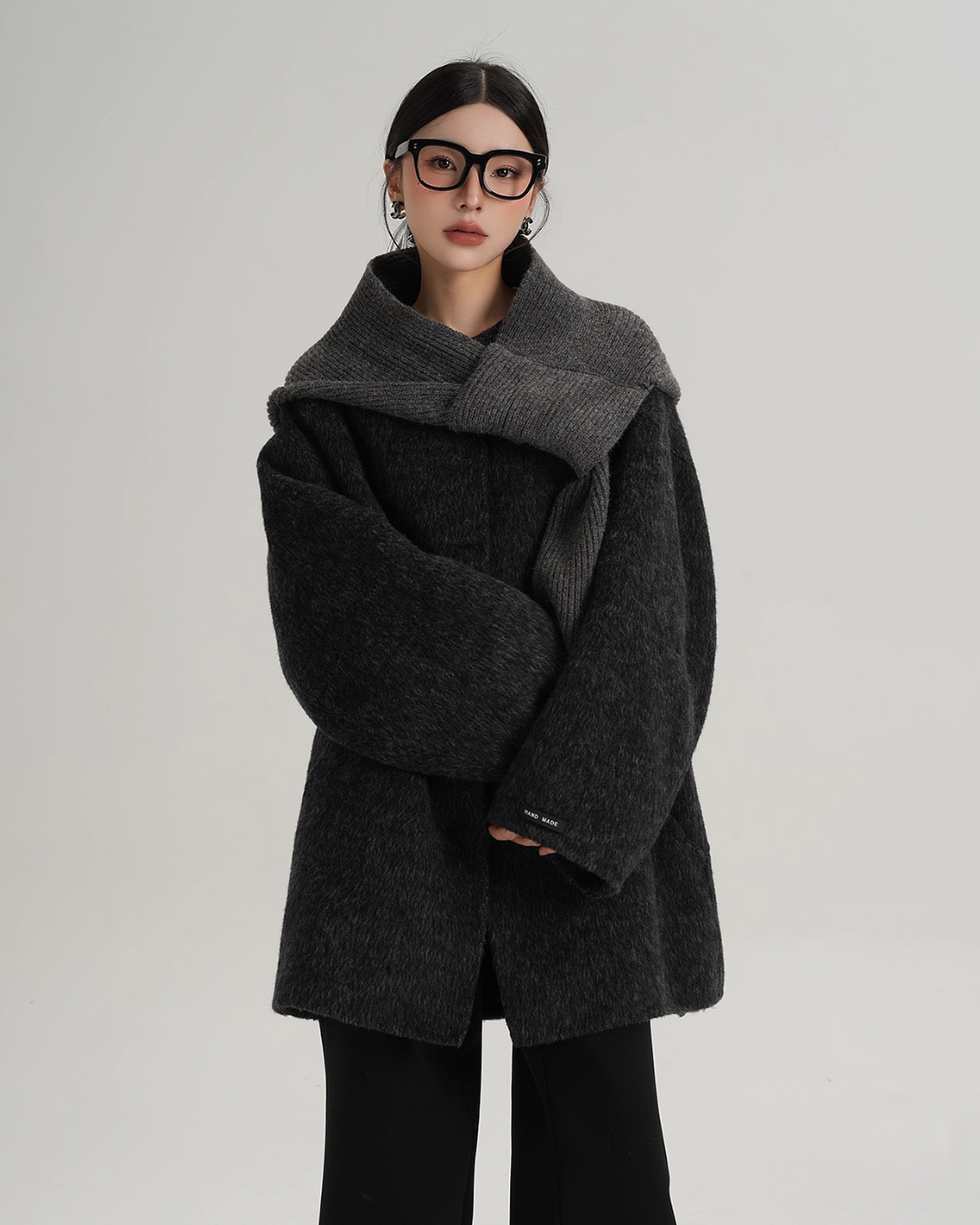Hood Scarf Mid Length Wool Coat SRS0358