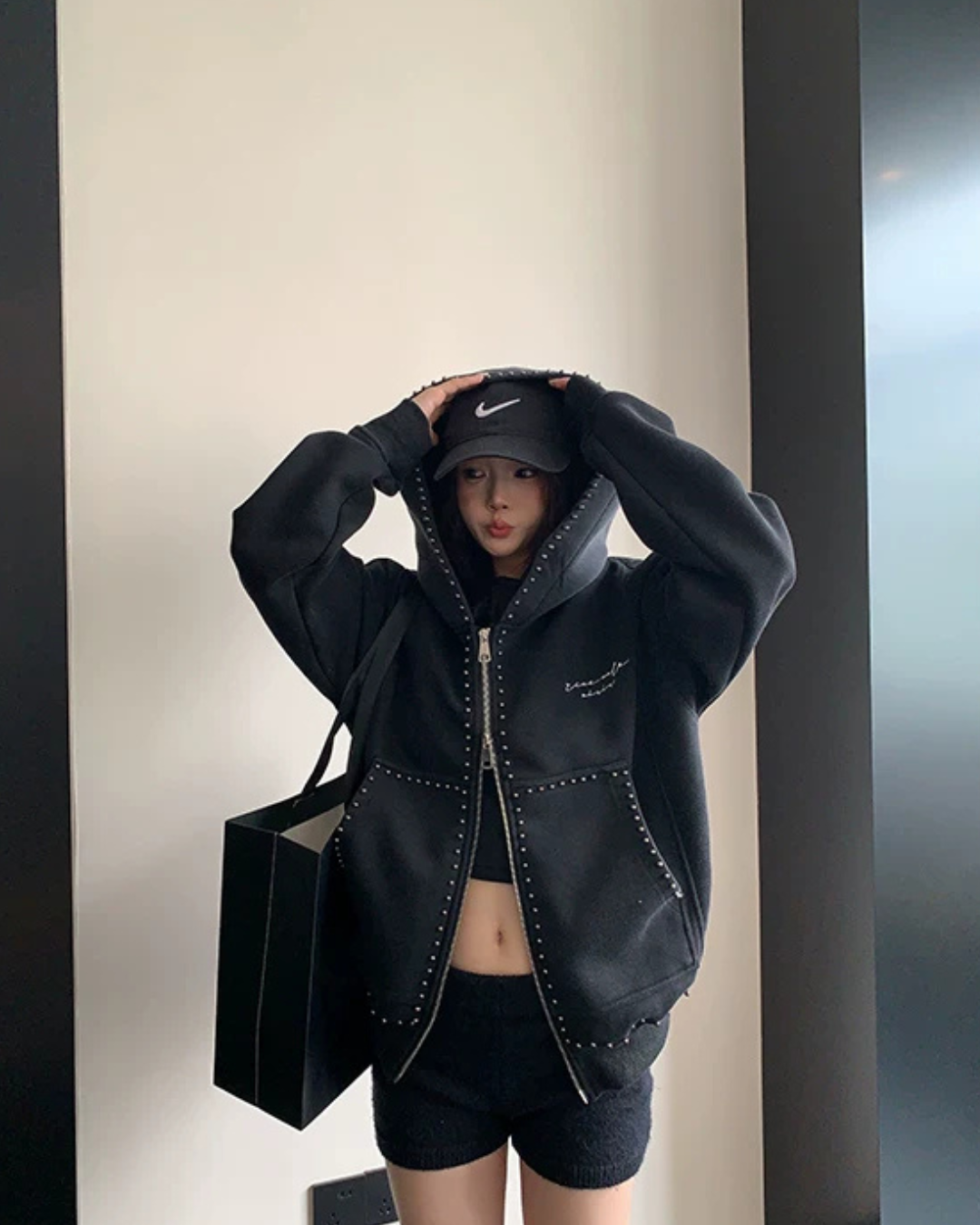 Studded Design Hooded Zip Jacket YLS1033