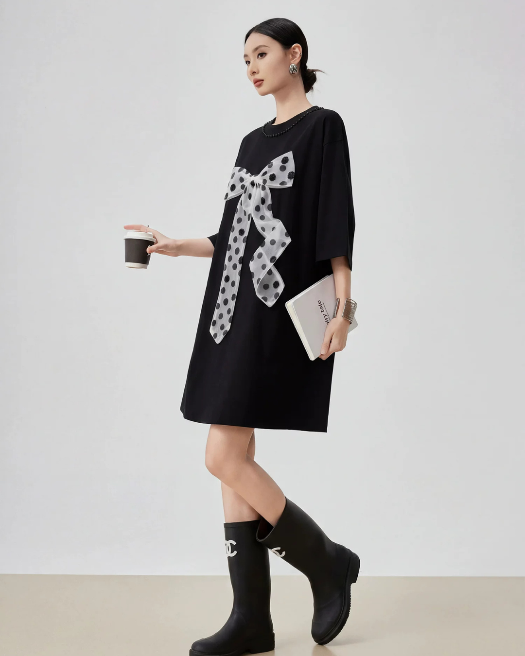 Dot Ribbon Docking Mini Dress FER0234