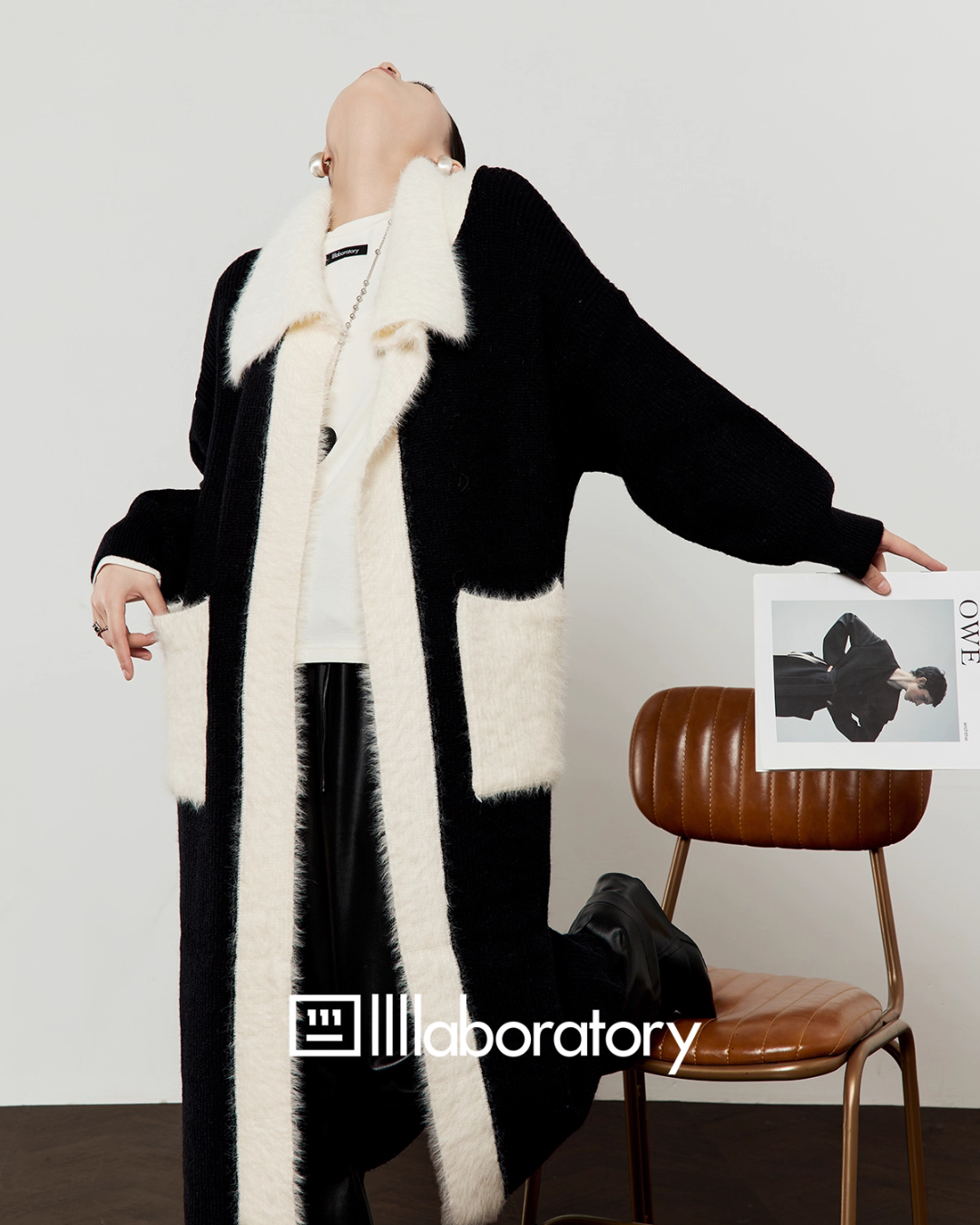 Two-Tone Long Cardigan / Leather Long Pants LLA0576