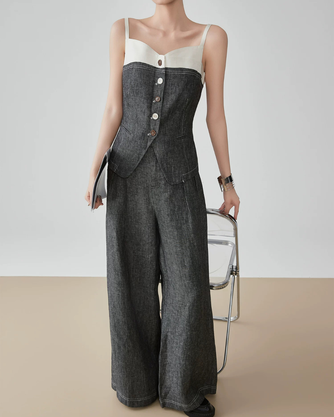 Front Button Bicolor Bustier / Wide Long Pants FER0272