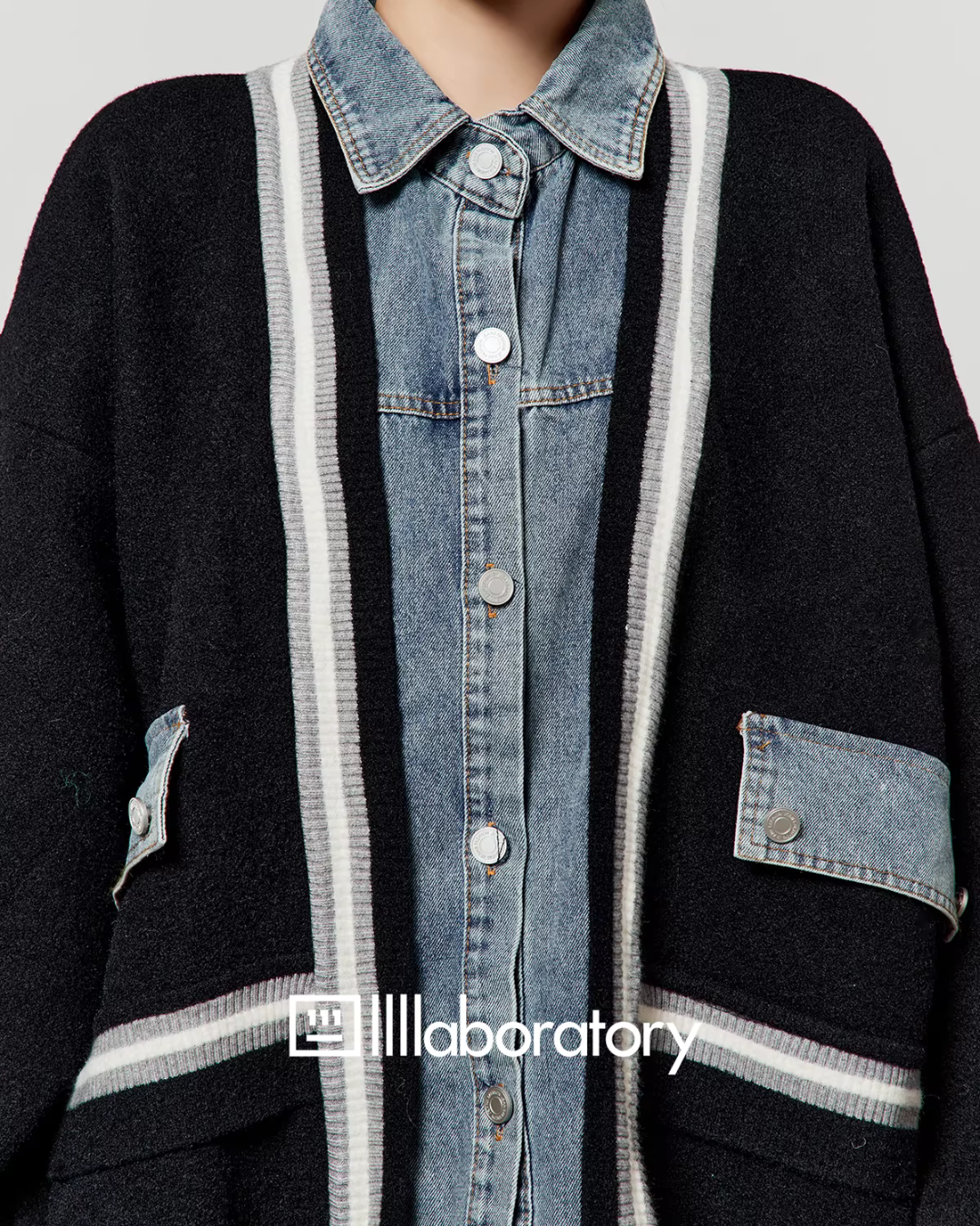 Denim Shirt Docking Knit Cardigan / Pleated Skirt LLA0647