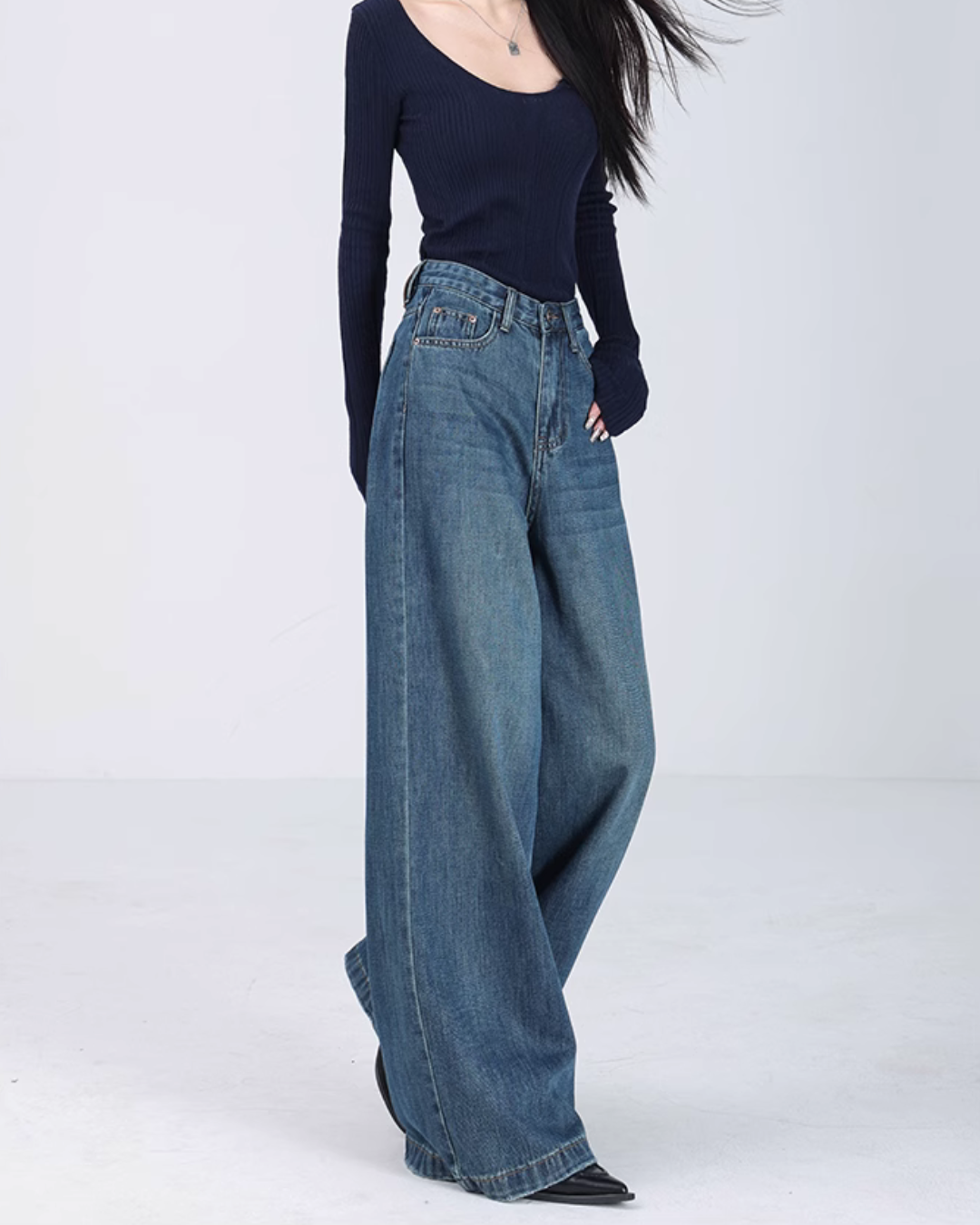 Denim Semi Flared Wide Pants / Long Sleeve Top ABW0003