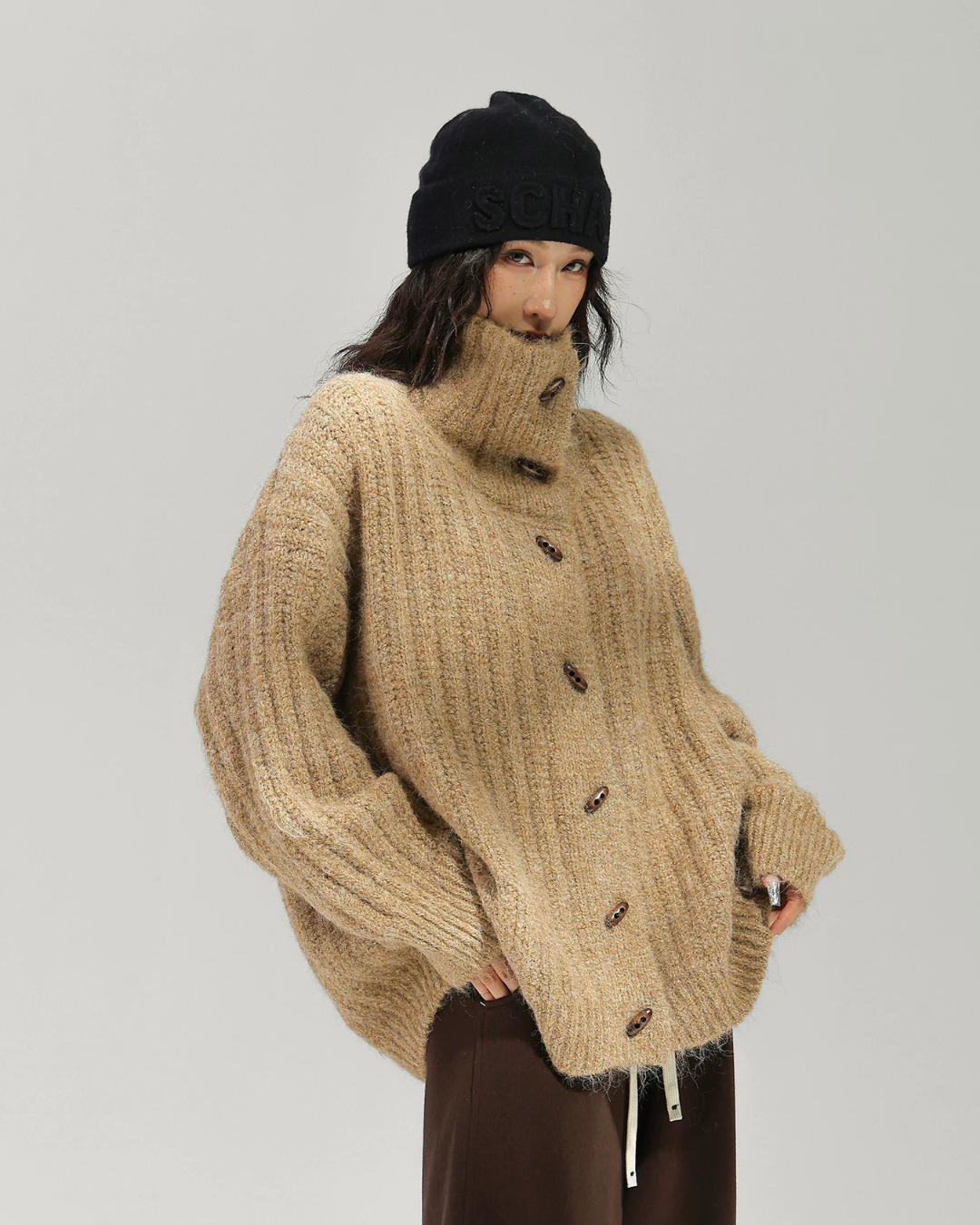 Stand Collar Ribbed Knit Cardigan ACS0392