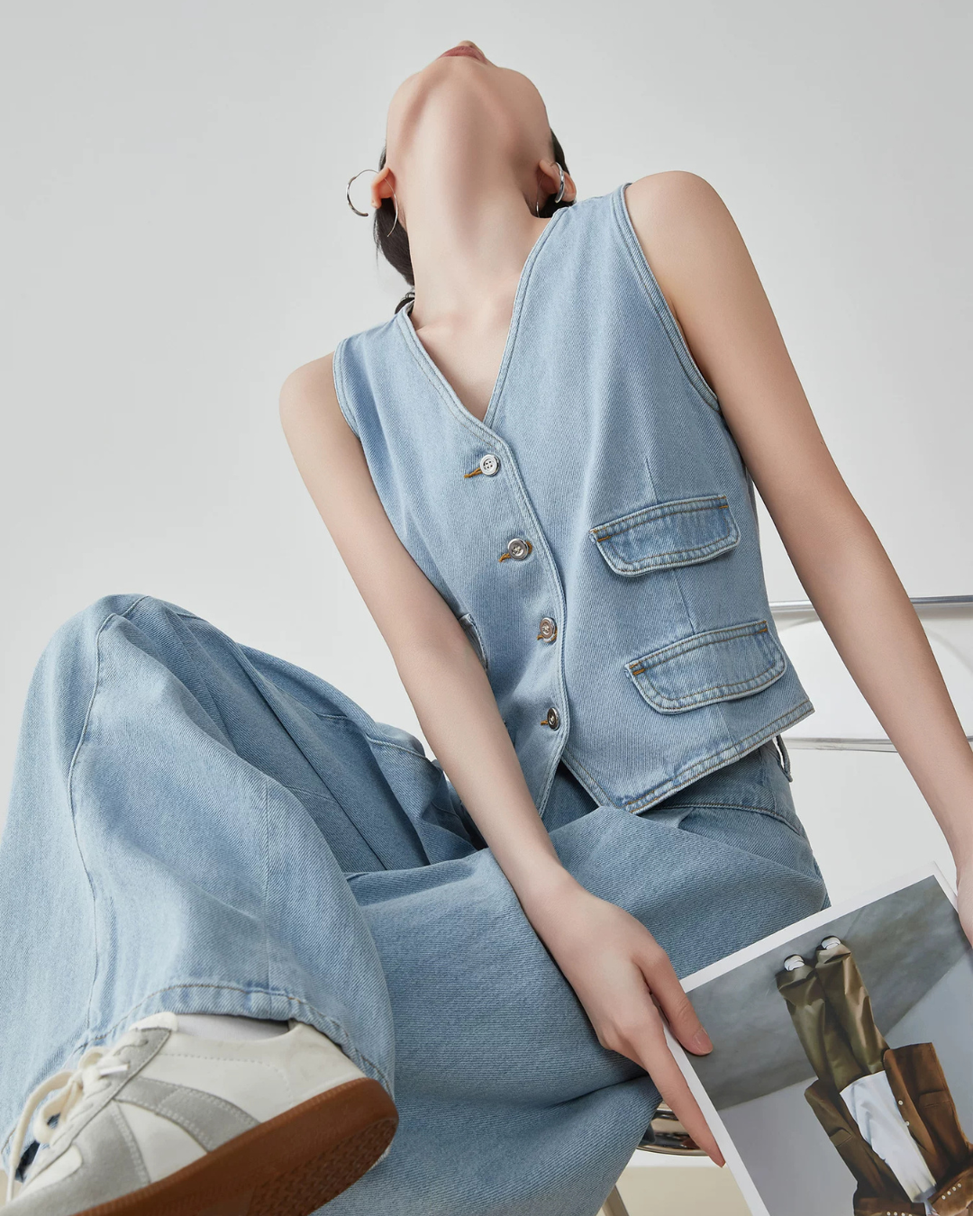 Denim V-neck Vest / Denim Wide Relaxed Pants FER0269