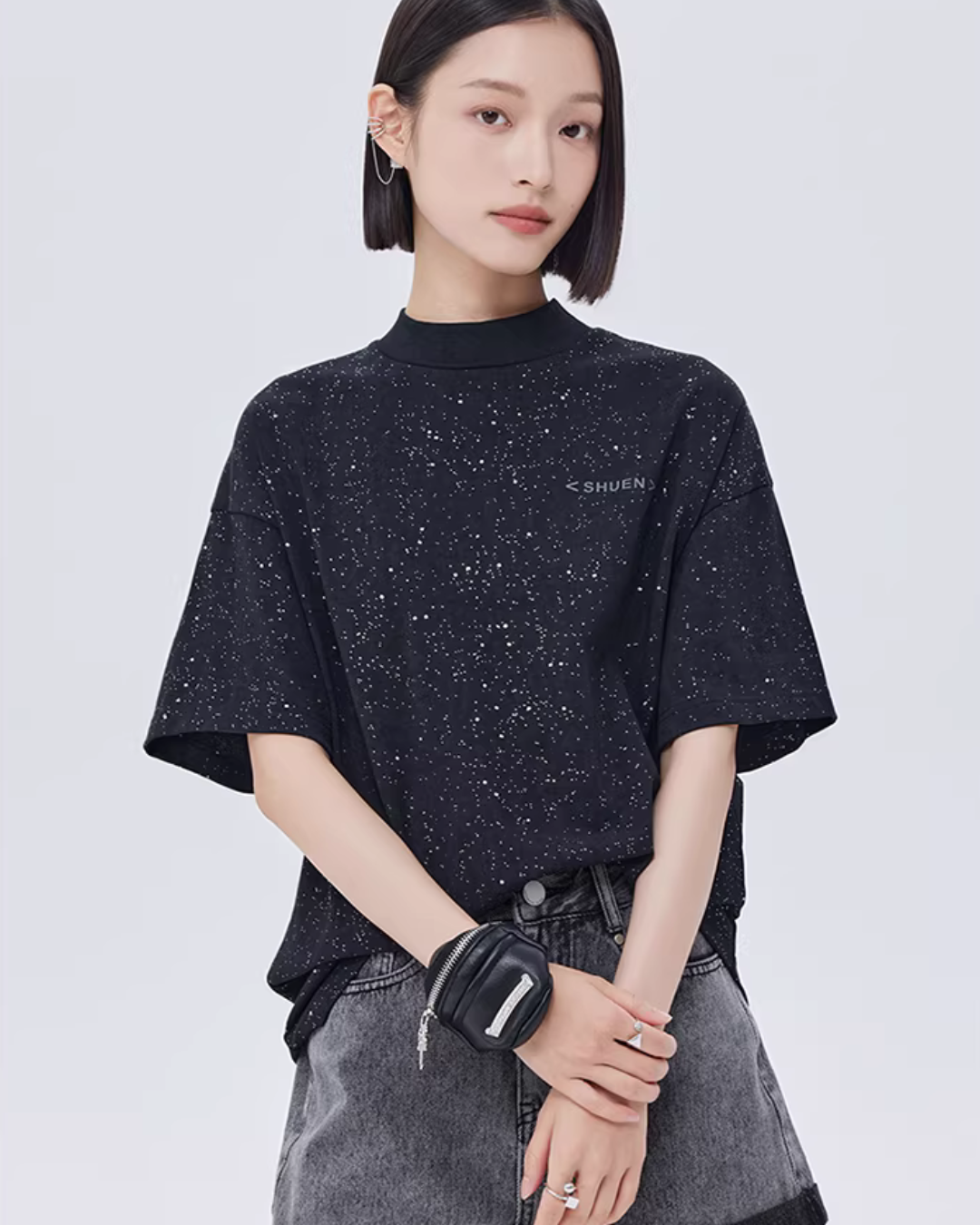 Sequin Mock Neck Short-Sleeve T-Shirt SHN0042