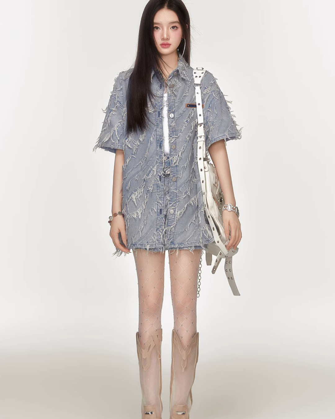 Fringe Retro Denim Shirt / Denim Mini Skirt EPU0013