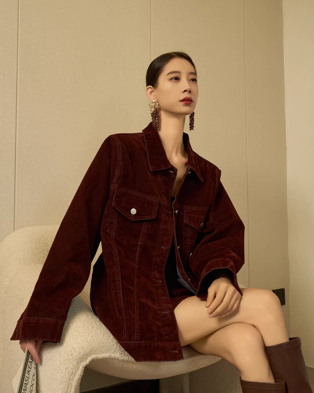 Wine Red Corduroy Jacket / Mini Skirt SUY0030