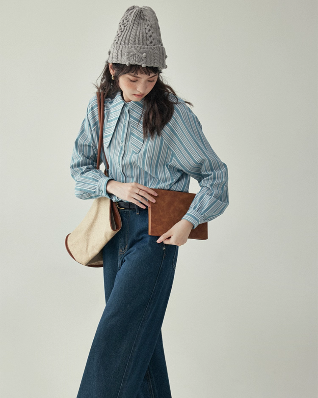 Blue Stripe Shirt / Wide Denim Pants / Corduroy Overall Skirt AMU0033