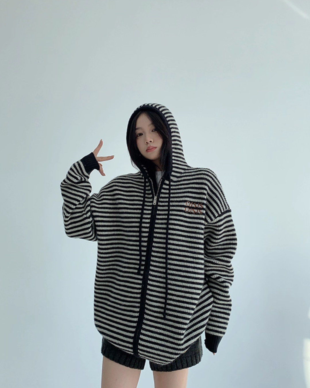 Thin Striped Knit Hoodie YLS1001