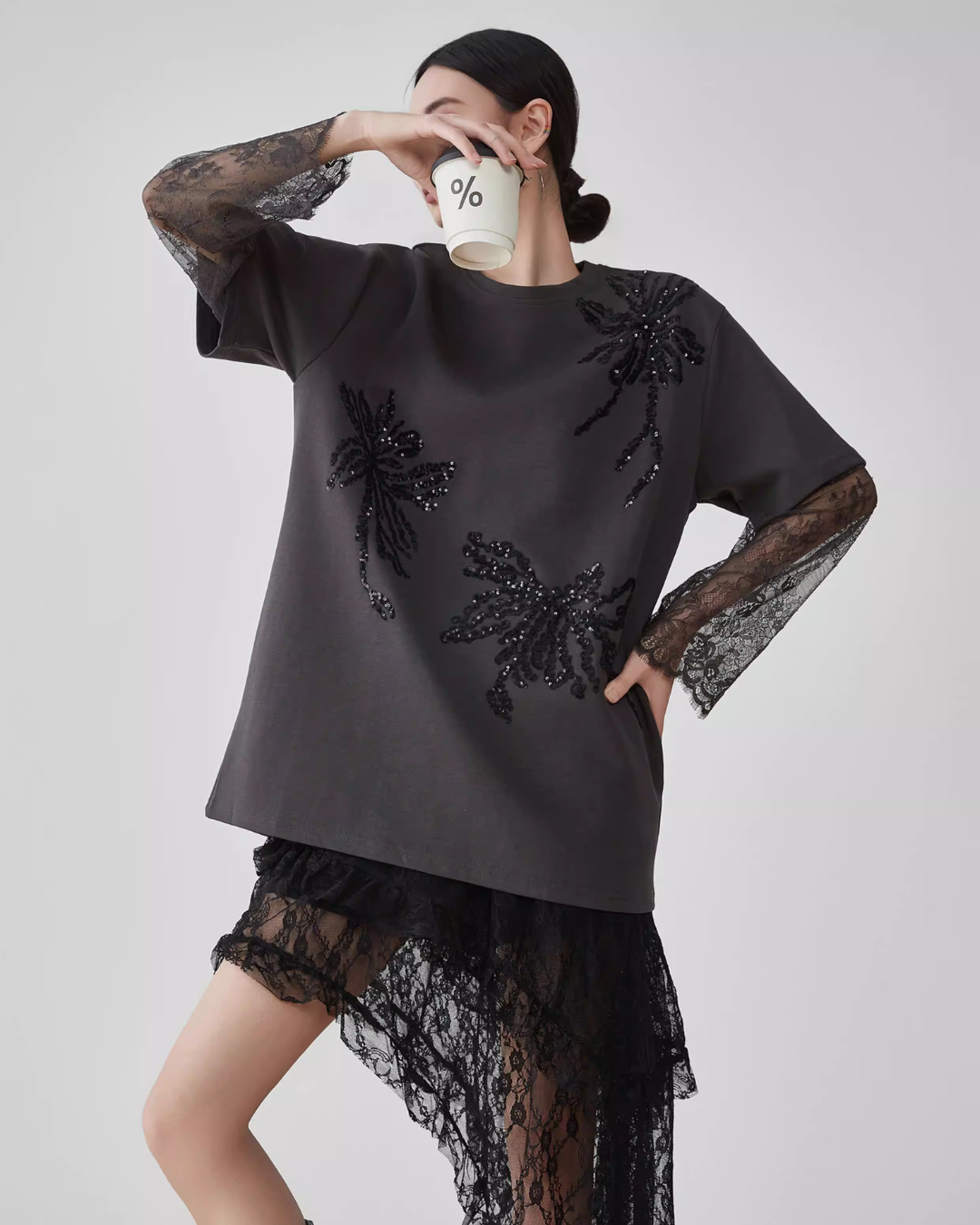 Lace Long-Sleeve Patchwork T-Shirt FER0070