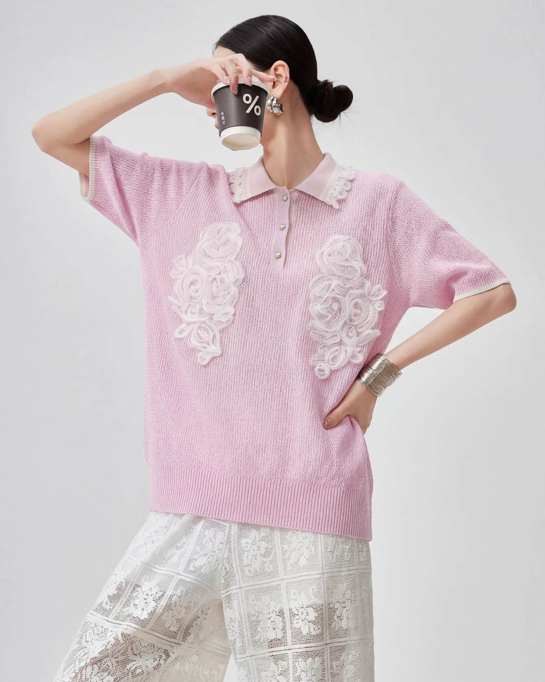 Sheer Short-Sleeve Polo Knit FER0261