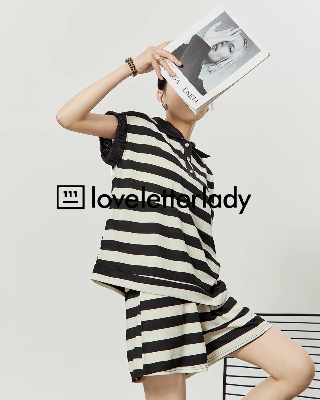 French Sleeve Striped Polo Shirt / Shorts LLA0245