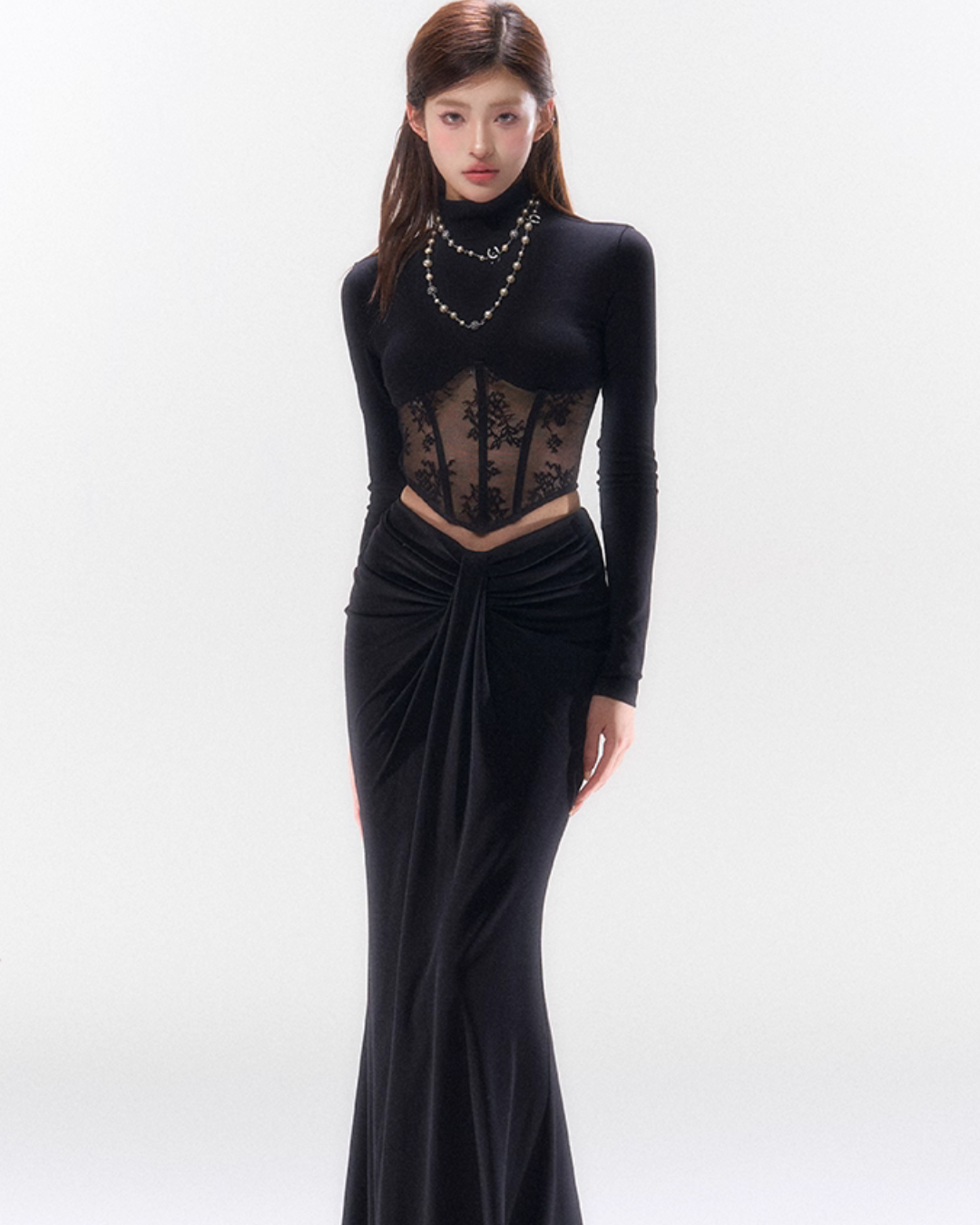 Lace Spliced ​​Waist Long Sleeve Top HID0004