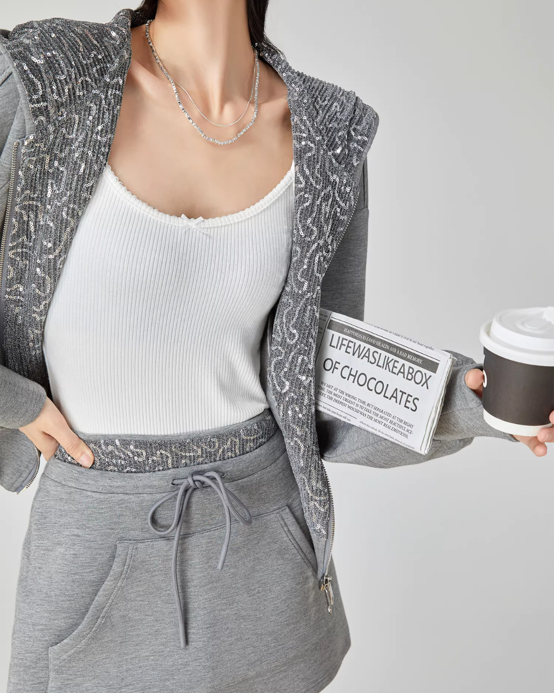 Gray Sequin Hood Jacket / A-Line Half Skirt  FER0039