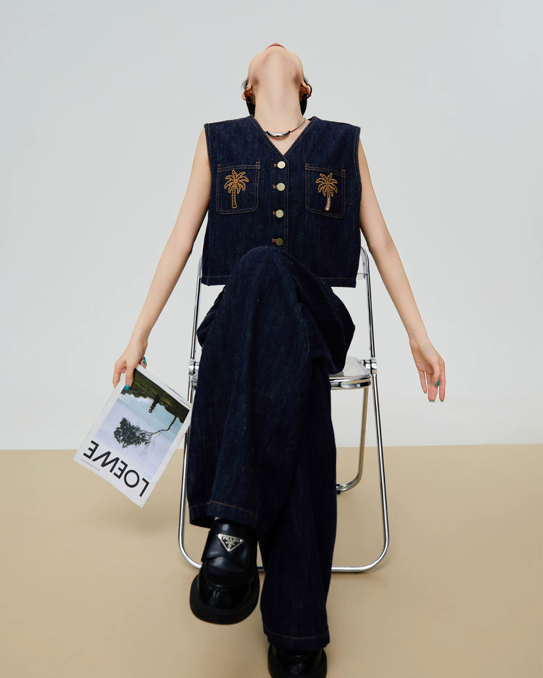 Palm Tree Embroidered Denim Vest / Wide Pants FER0303
