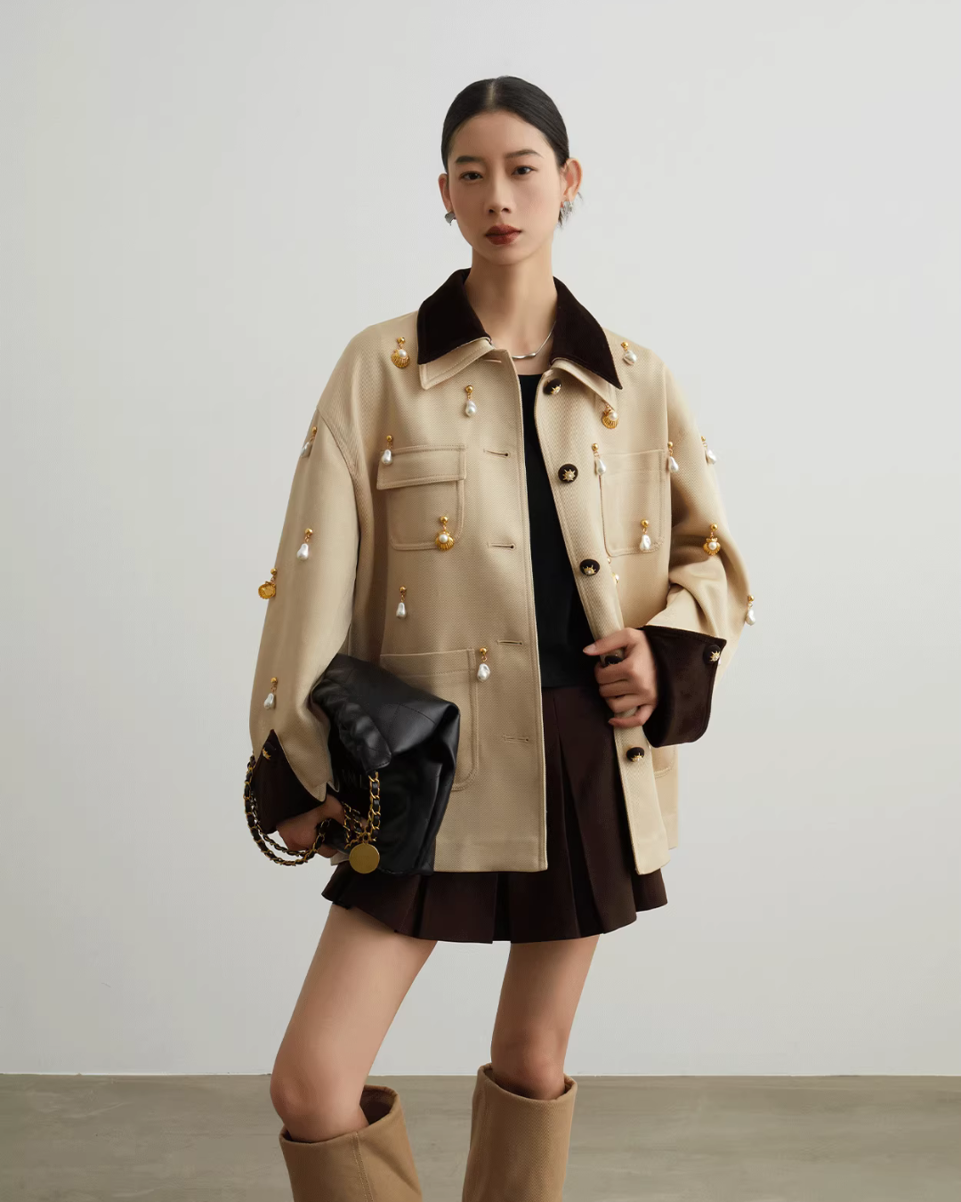 Pearl Satin Jacket / Brown Mini Skirt SUY0013