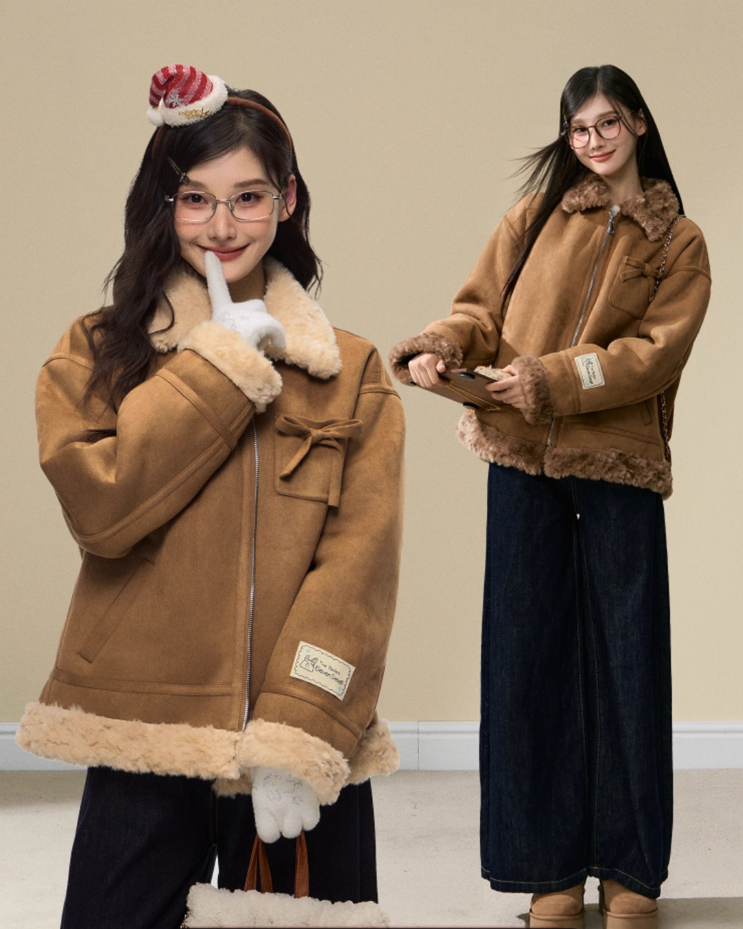 Faux Mouton Coat/Wide Denim Pants ELS0016