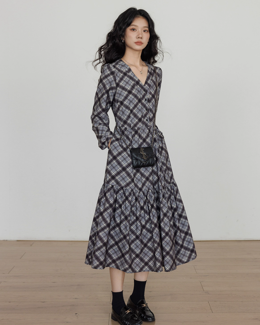 V-Neck Paid Long Dress VAS0161