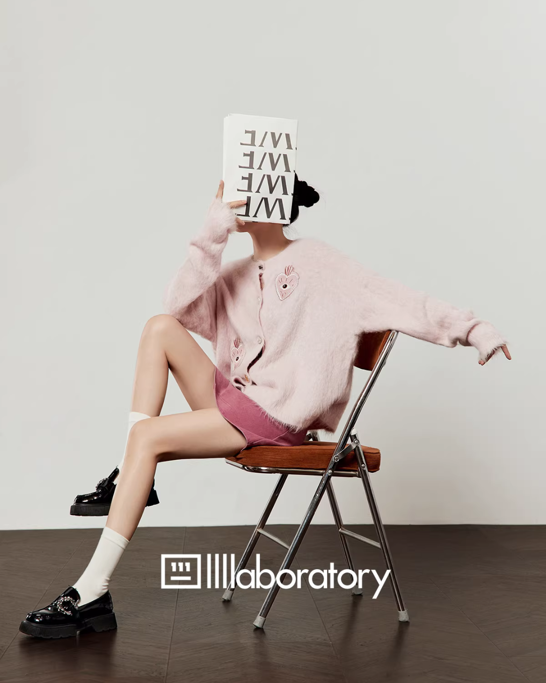 Heart Patch Shaggy Knit Cardigan / Pink Mini Skirt LLA0592