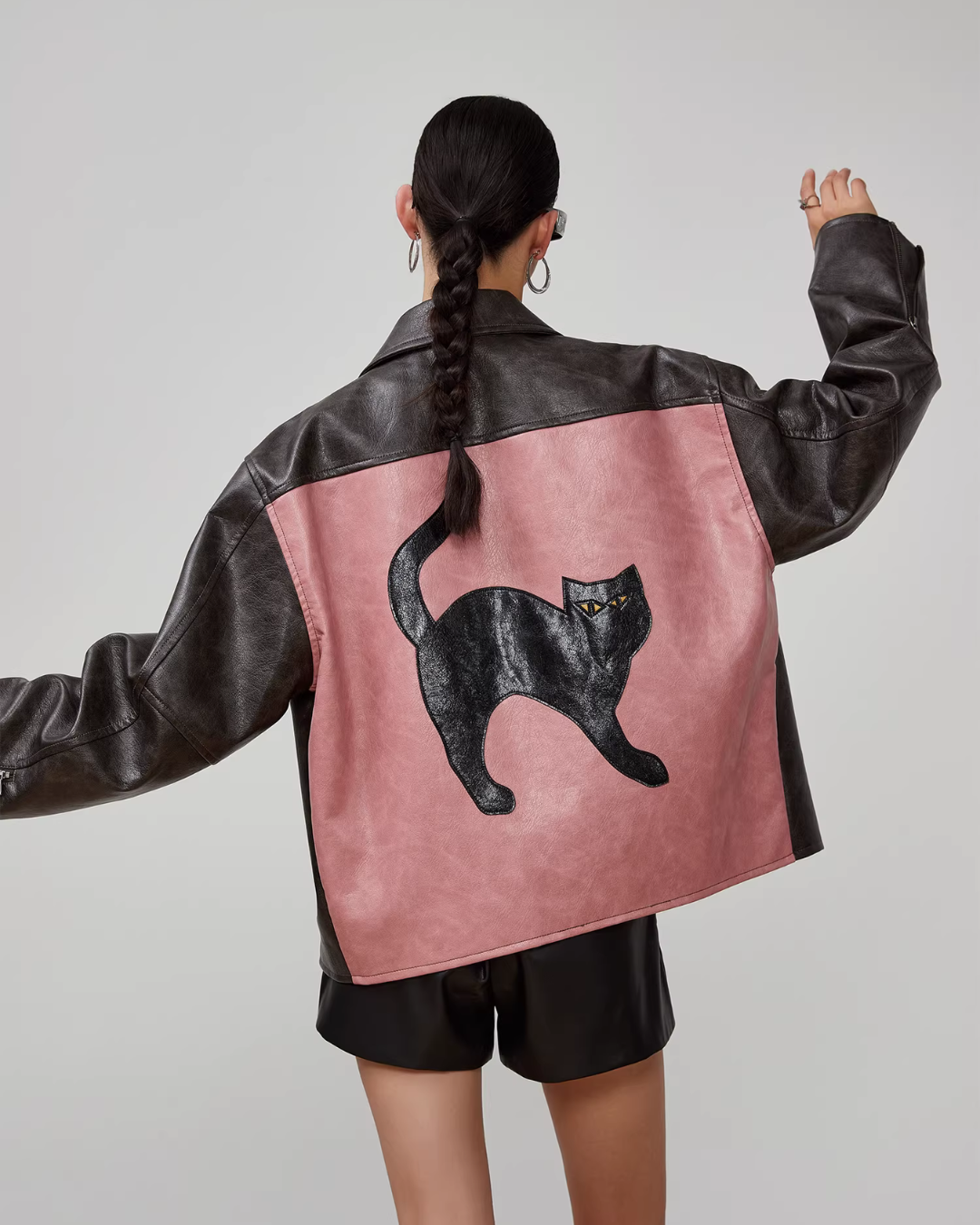 Cat Patch Embroidery Leather Jacket FER0062