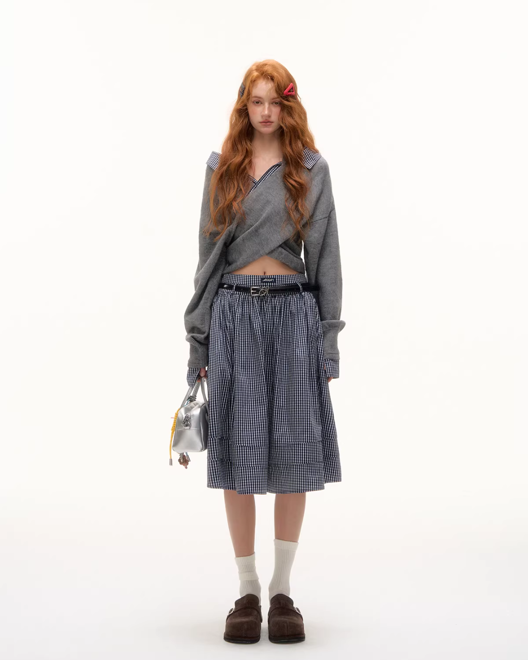 Front Wrap Knit Top/Gingham Check Skirt ASG0074