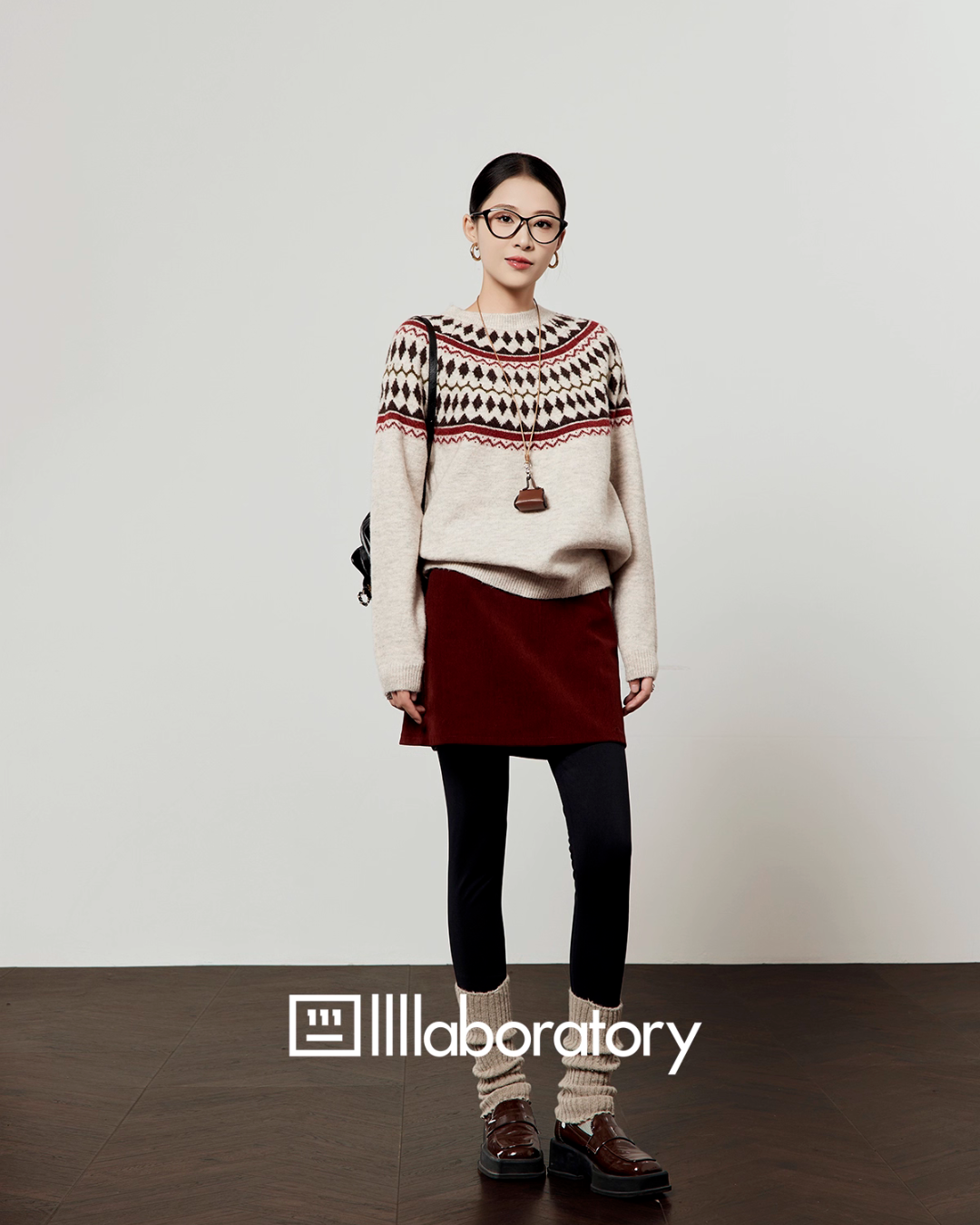 Nordic Crew Neck Knit/Suede Mini Skirt LLA0567