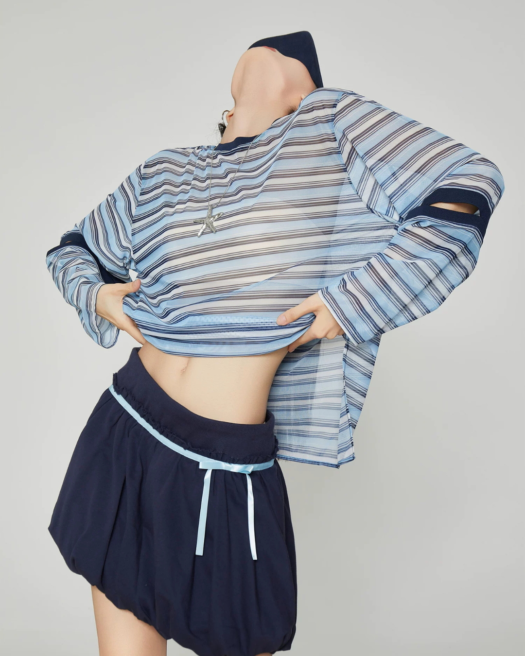 Striped Mesh Long-Sleeve T-Shirt FER0362