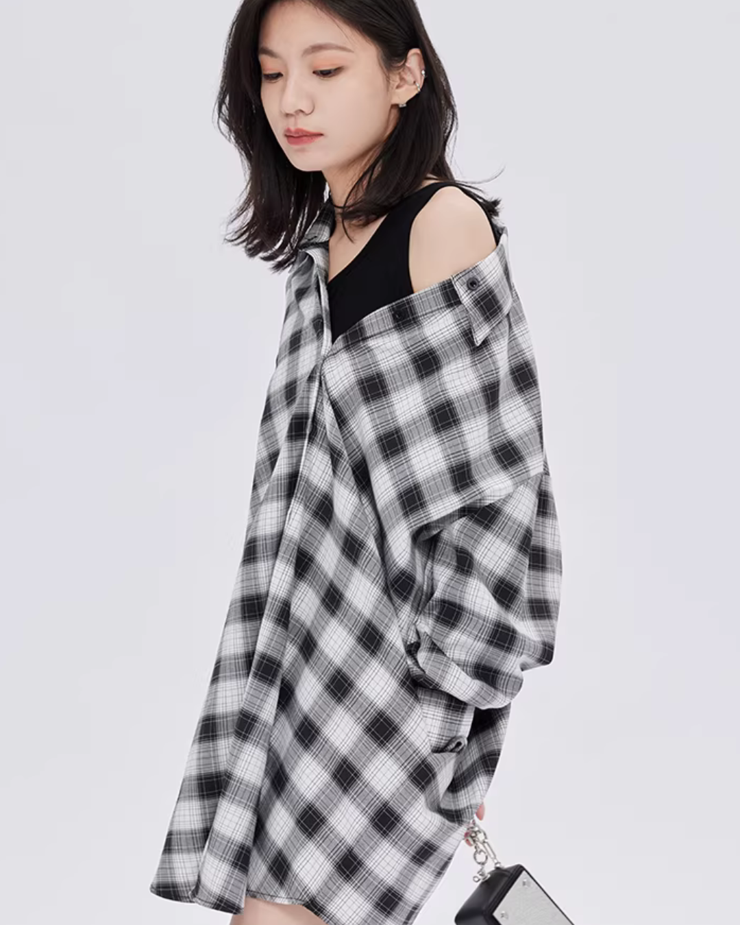 Off-Shoulder Plaid Shirt Dress SHN0049