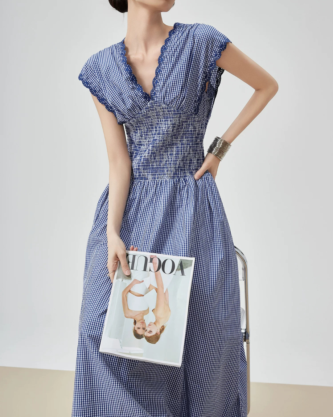 Gingham Check Shirring Long Dress FER0249
