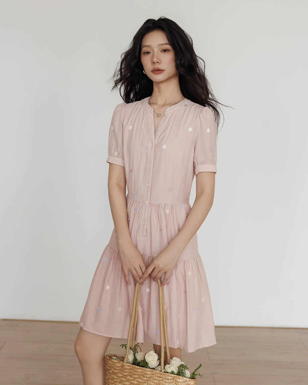 Flower Embroidery Tiered Mini Dress VAS0020