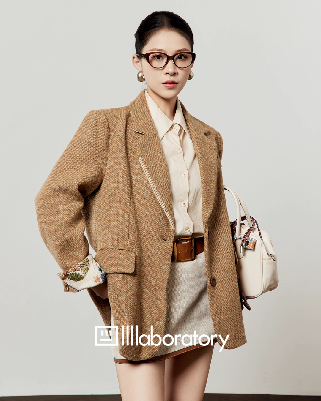 Retro Light Camel Jacket / Apricot Shirt / Mini Skirt LLA0541