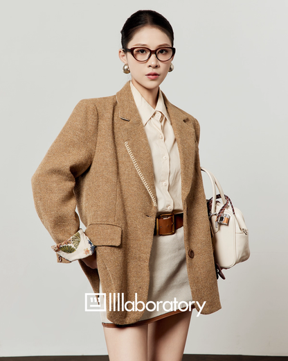 Retro Light Camel Jacket / Apricot Shirt / Mini Skirt LLA0541