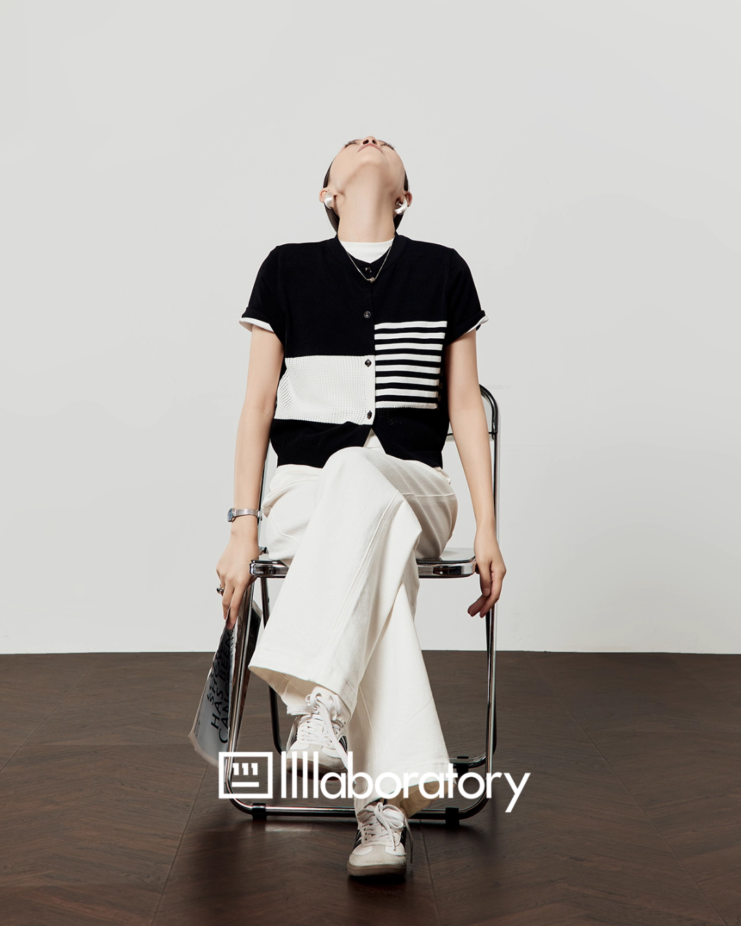 Color Block Stripe Knit / White Denim Pants LLA0496