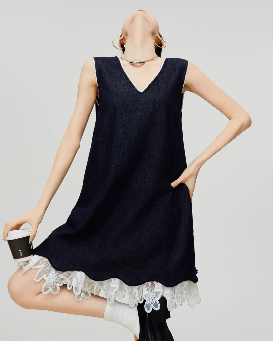 V-neck Docking Lace Dress FER0346