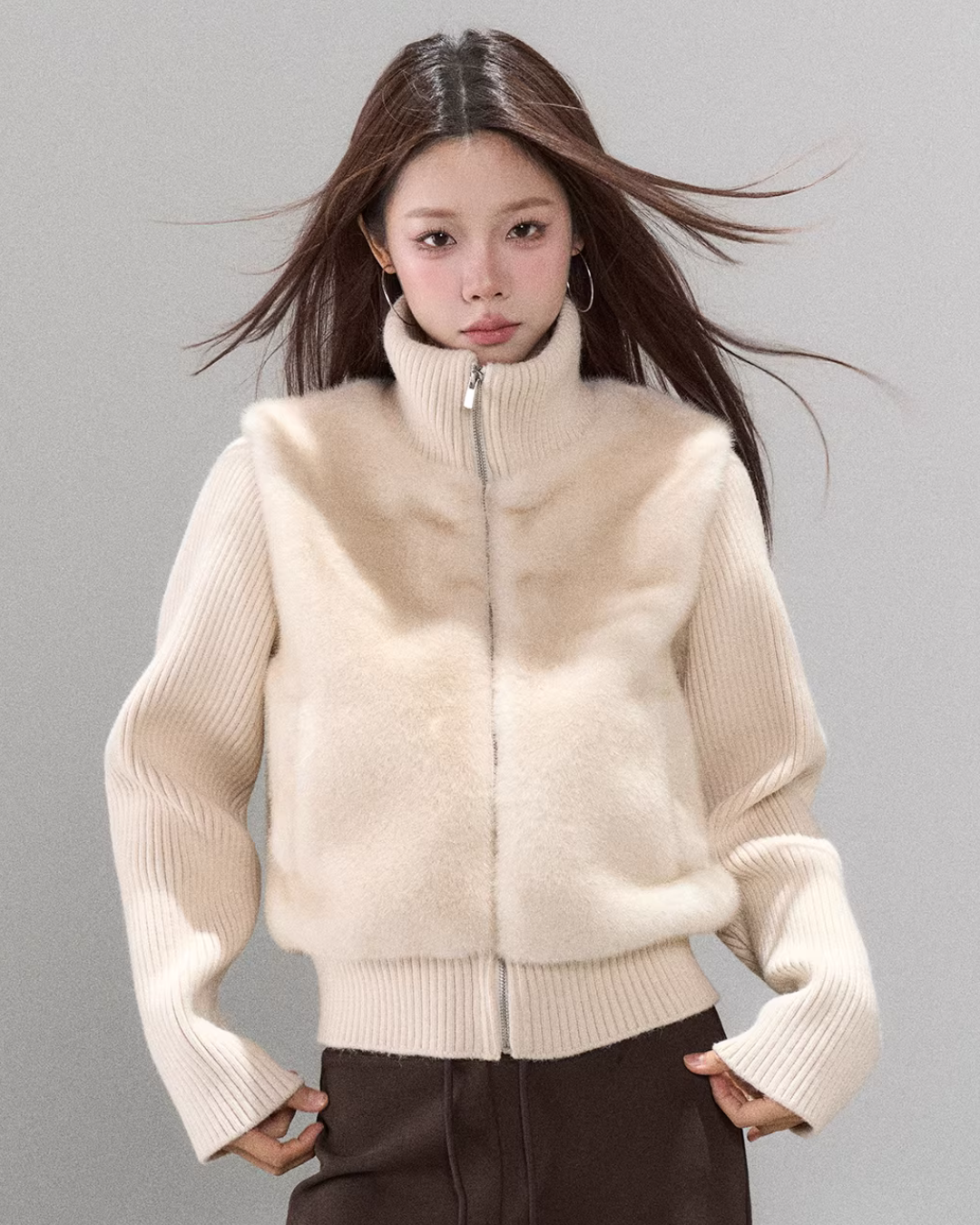 Stand Collar Fur Knit Jacket WDB0005