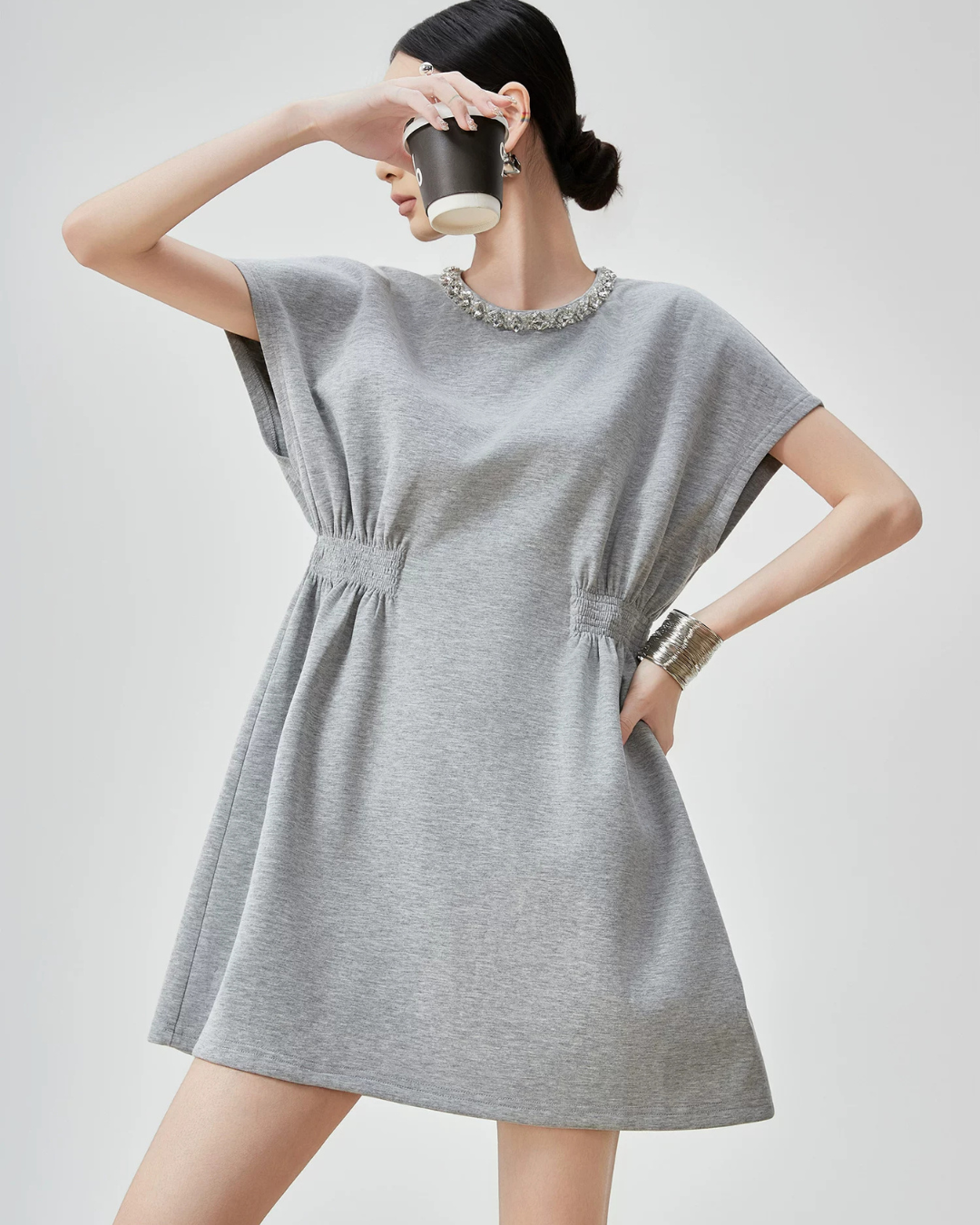 Waist Gather Sweatshirt Mini Dress FER0275