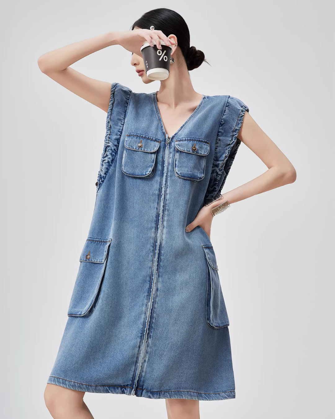 V-Neck Sleeveless Denim Dress FER0115